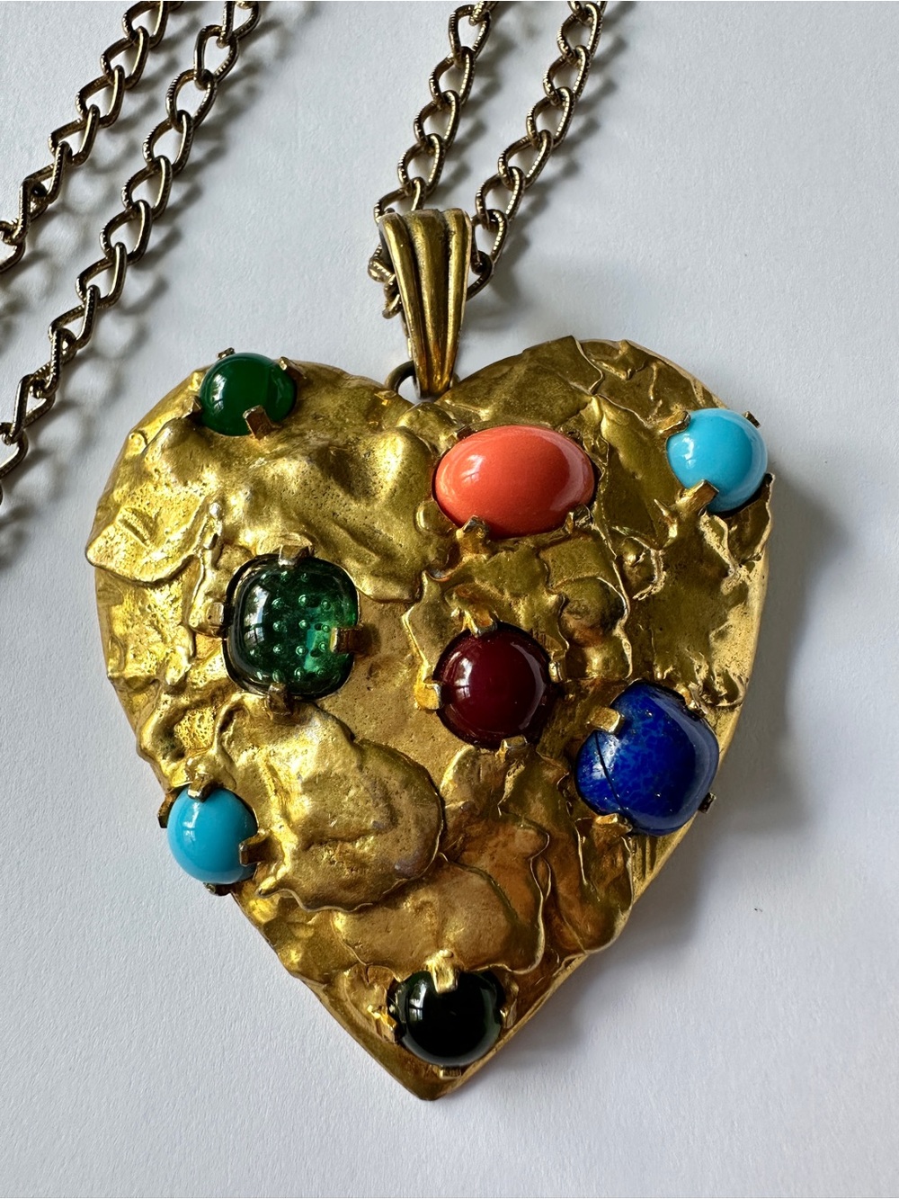 Vintage CASTLECLIFF Larry Vrba Jeweled Heart Pendant Necklace 1970s Brutalist